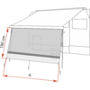Skizze eines Wohnmobils mit ausgefahrener Markise und heruntergelassener Blende, befestigt an zwei Stangen und drei Heringen; links eine vertikale Maßangabe '190 cm', unten eine horizontale Maßlinie mit 'A'