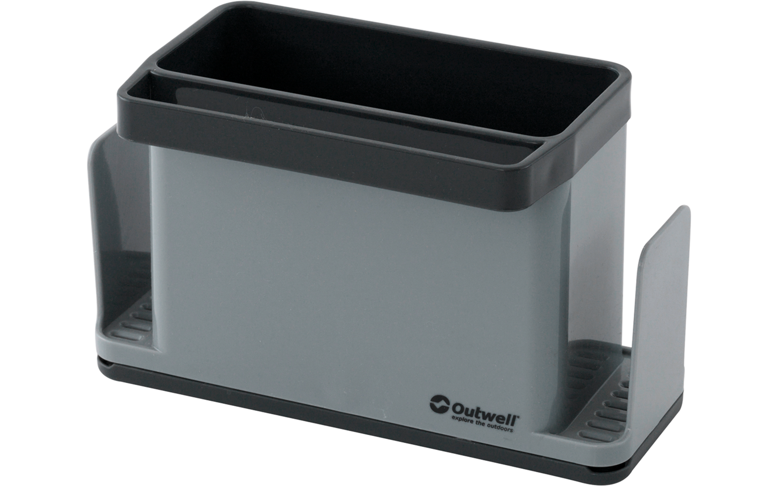 Gray-black rectangular plastic container with open top compartment, internal divider, side walls and 'Outwell' logo on the front