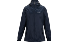 Dunkelblaue Jacke mit Kapuze, durchgehendem Reißverschluss, zwei frontalen Reißverschlusstaschen, elastischen Bündchen und kleinem weißen Markenlogo auf der Brust, Frontalansicht auf weißem Hintergrund