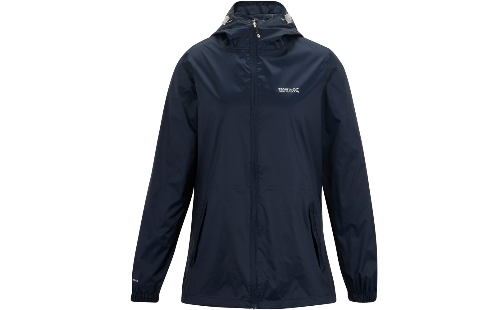 Giacca blu scuro con cappuccio, zip frontale a tutta lunghezza, due tasche frontali con cerniera, polsini elasticizzati e piccolo logo bianco del marchio sul petto, vista frontale su sfondo bianco