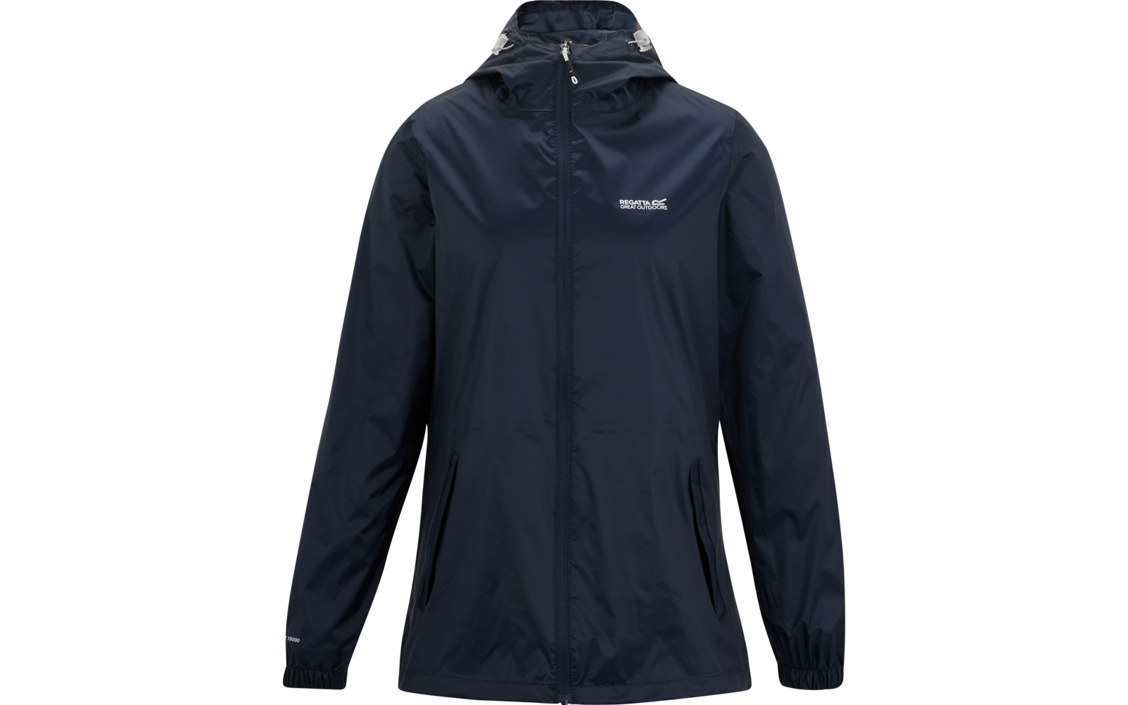 Giacca blu scuro con cappuccio, zip frontale a tutta lunghezza, due tasche frontali con cerniera, polsini elasticizzati e piccolo logo bianco del marchio sul petto, vista frontale su sfondo bianco