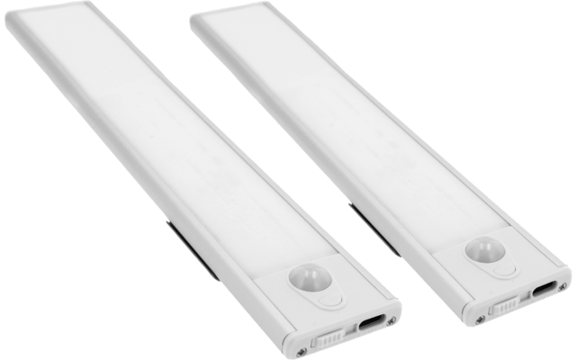 Zwei weiße, längliche Leisten mit lichtdurchlässiger Abdeckung, jeweils mit einer runden Erhebung nahe einem Ende und kleinen Anschlüssen an den Enden
