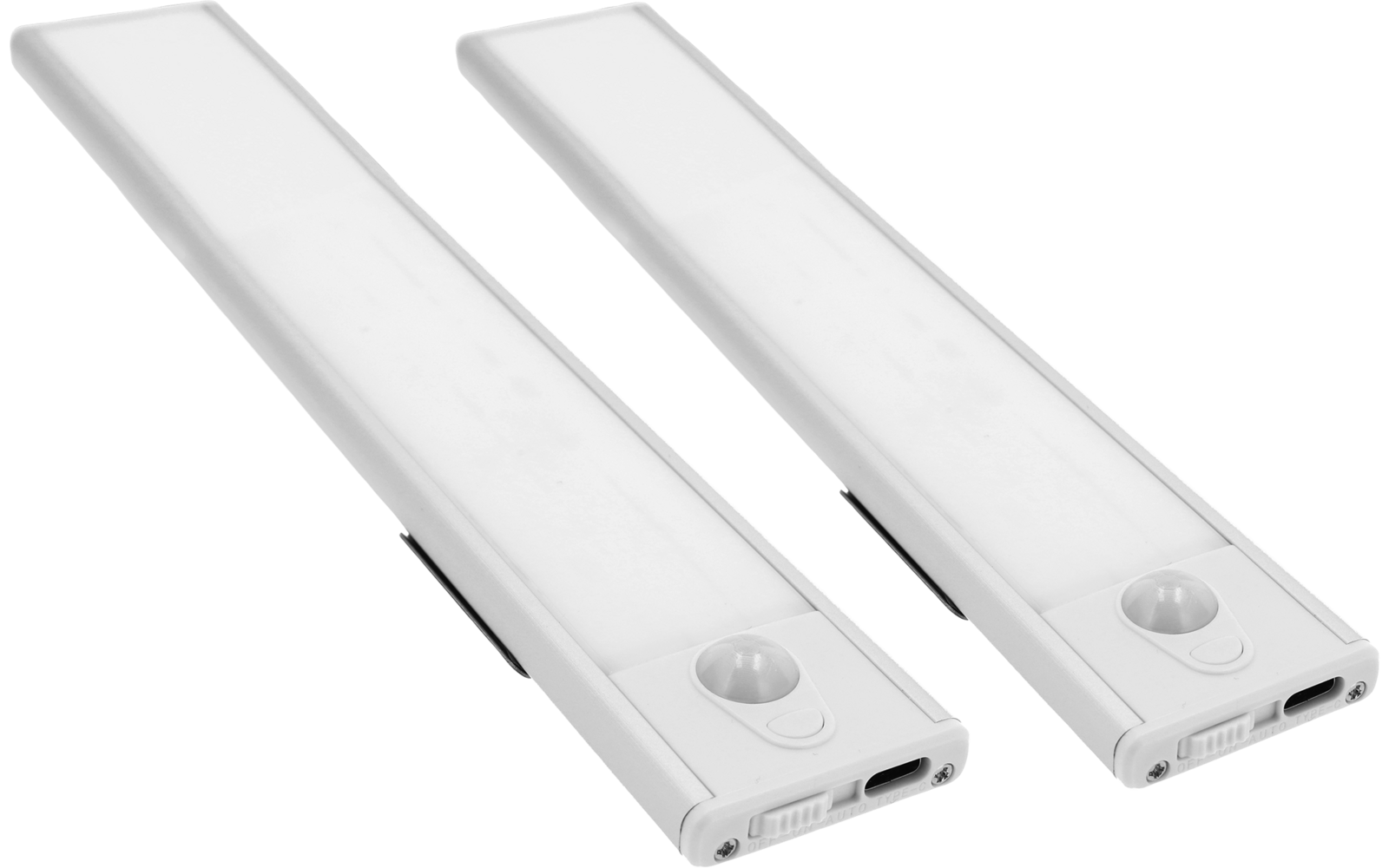Zwei weiße, längliche Leisten mit lichtdurchlässiger Abdeckung, jeweils mit einer runden Erhebung nahe einem Ende und kleinen Anschlüssen an den Enden