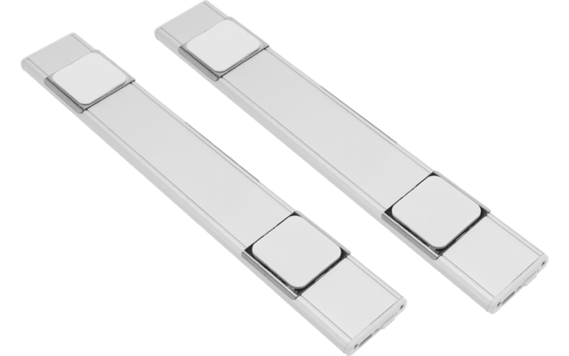 Zwei weiße, längliche Leisten mit jeweils zwei quadratischen, leicht erhöhten Elementen auf hellem Hintergrund