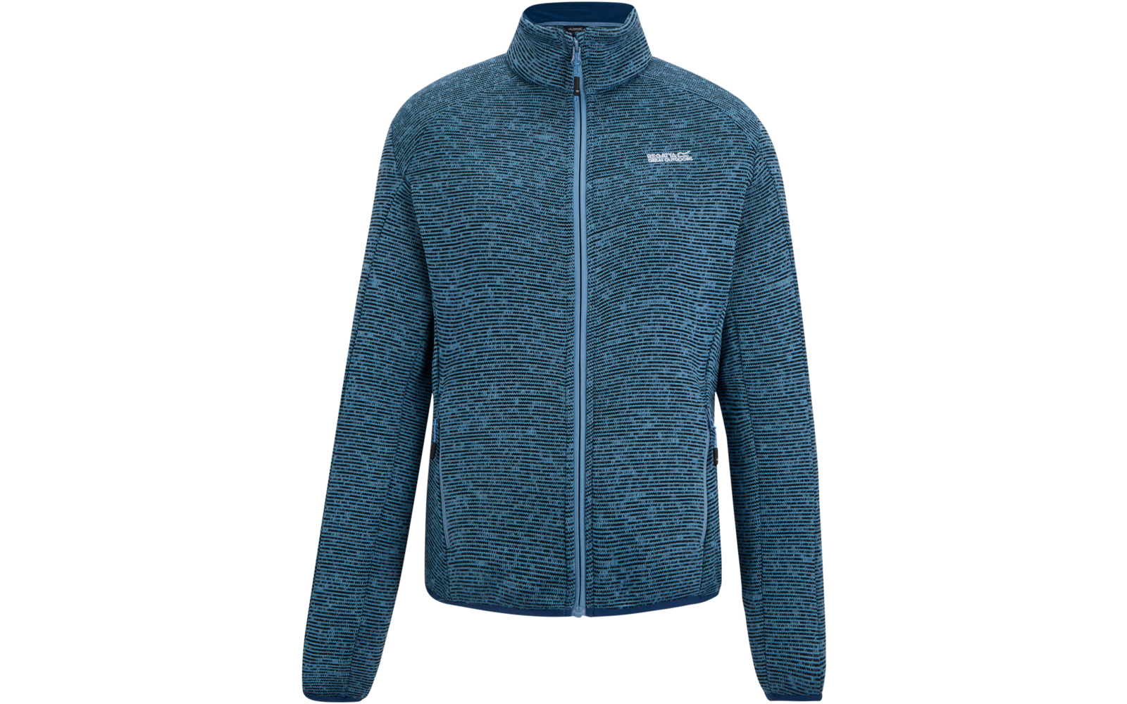 Blau melierte Fleecejacke mit durchgehendem Reißverschluss, Stehkragen, langen Ärmeln, zwei Reißverschlusstaschen und kleinem Logo auf der Brust