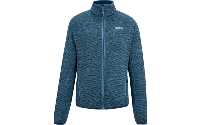 Blau melierte Fleecejacke mit durchgehendem Reißverschluss, Stehkragen, langen Ärmeln, zwei Reißverschlusstaschen und kleinem Logo auf der Brust