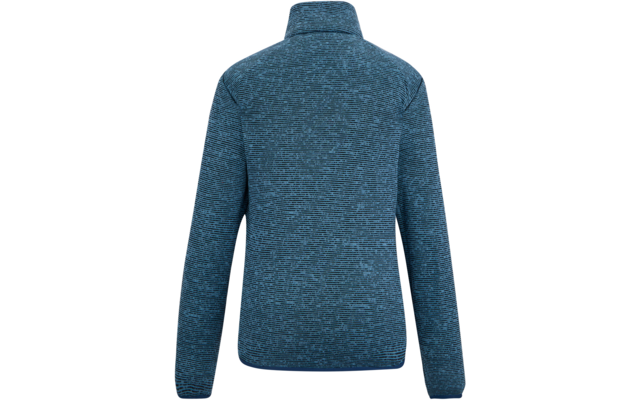 Rückansicht eines blauen, melierten Pullovers mit Stehkragen und langen Ärmeln