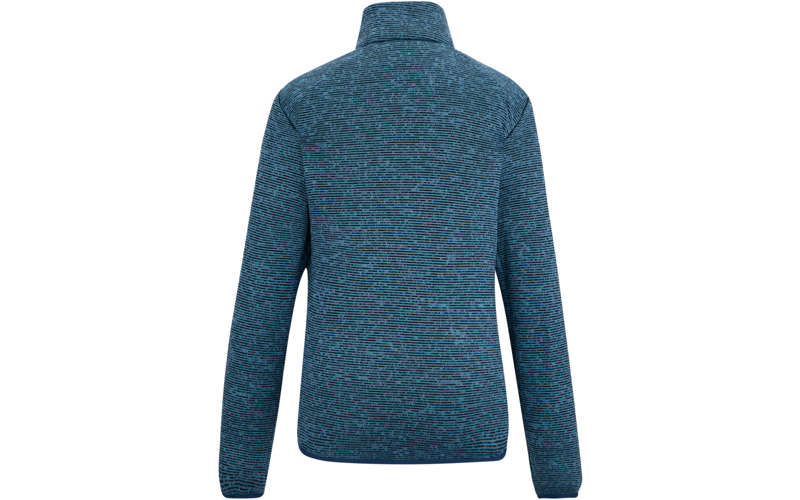 Rückansicht eines blauen, melierten Pullovers mit Stehkragen und langen Ärmeln