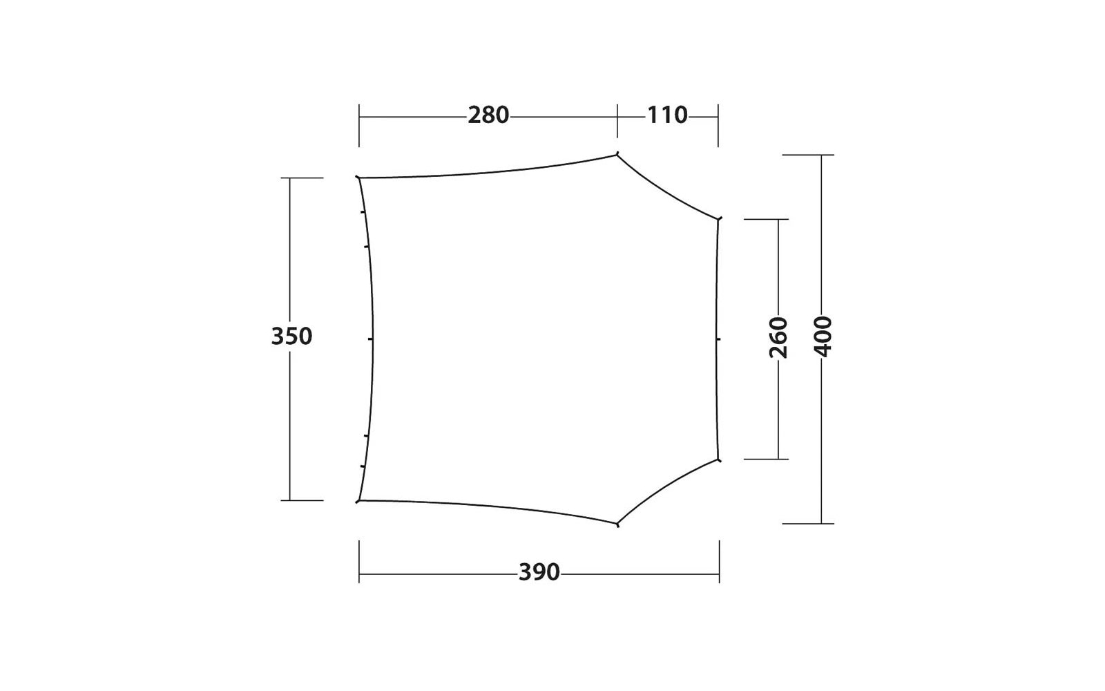 Irregular five-sided outline line drawing with dimensions labeled: top '280' and '110', bottom '390', left '350', right '260' and '400'