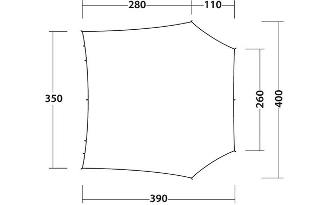Irregular five-sided outline line drawing with dimensions labeled: top '280' and '110', bottom '390', left '350', right '260' and '400'