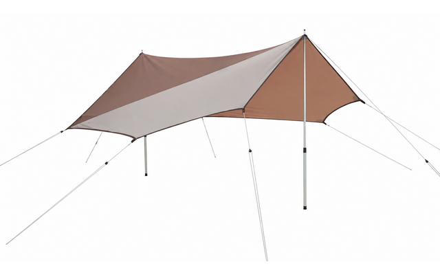 Two-tone rectangular tarp (brown/beige) stretched on two vertical metal poles with multiple guy lines, white background