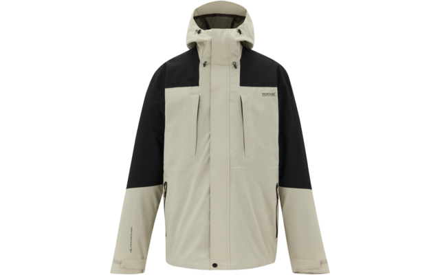 Helle beige Kapuzenjacke mit schwarzen Schultern und oberen Ärmeln, Reißverschluss vorne, zwei senkrechte Brusttaschen, zwei seitliche Reißverschlusstaschen, kleines Logo auf linker Brust