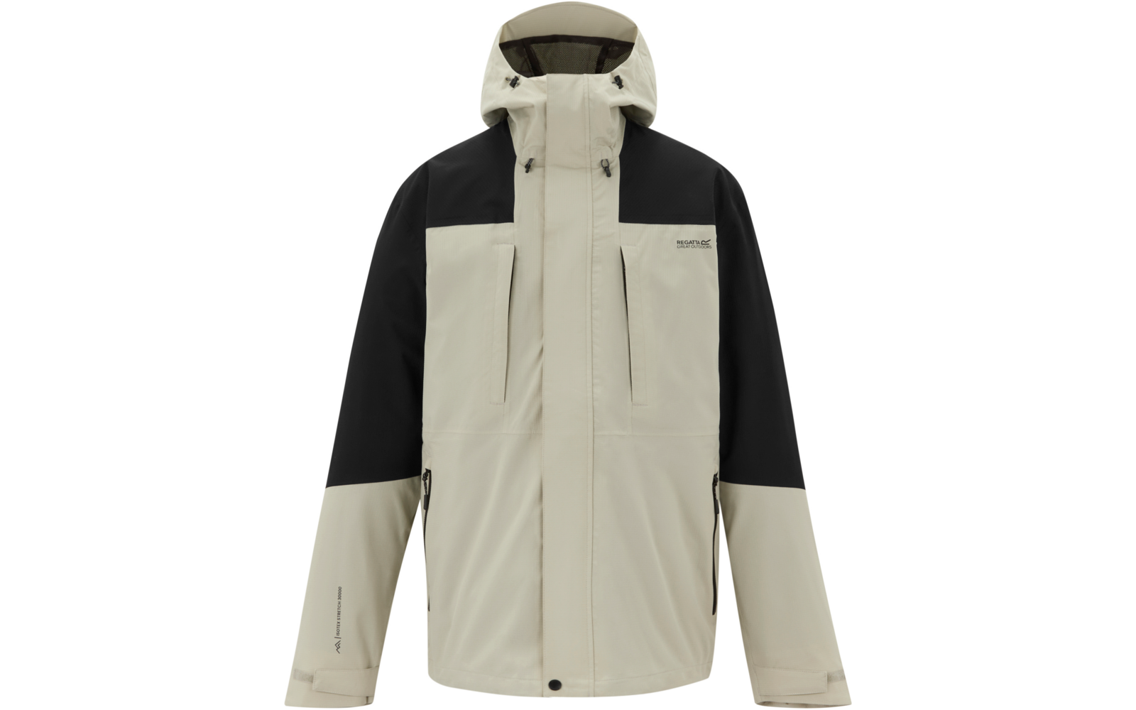 Helle beige Kapuzenjacke mit schwarzen Schultern und oberen Ärmeln, Reißverschluss vorne, zwei senkrechte Brusttaschen, zwei seitliche Reißverschlusstaschen, kleines Logo auf linker Brust