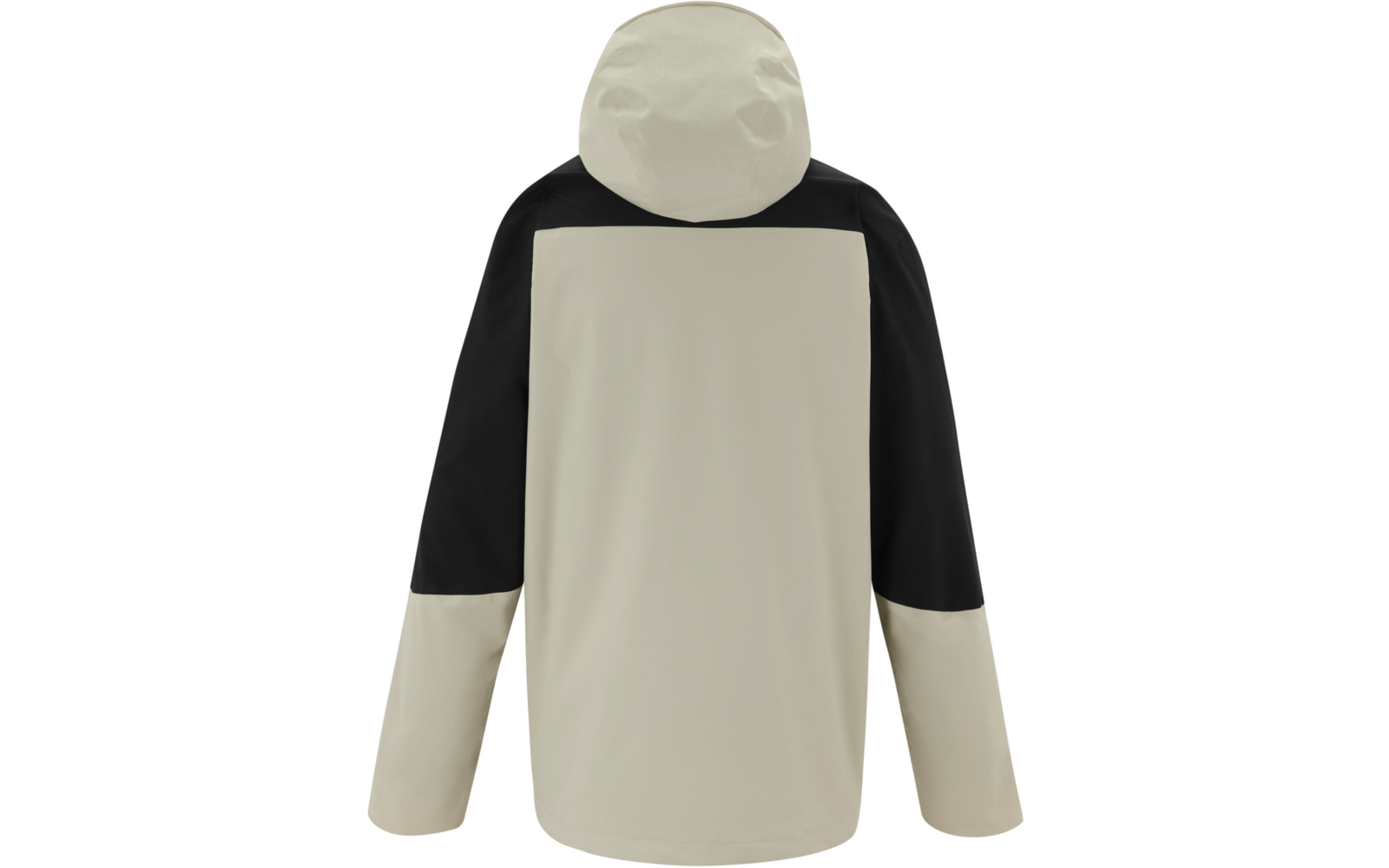 Rückenansicht einer Jacke mit Kapuze; hellbeiger Körper und Kapuze; schwarze Schulterpartie und obere Ärmel; hellbeige Unterärmel