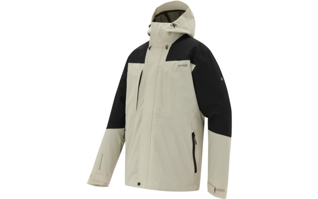 Zweifarbige Jacke (beige und schwarz) mit Kapuze, durchgehendem Reißverschluss, Brusttaschen, seitlichen Reißverschlusstaschen und sichtbarem Logodruck auf der Brust