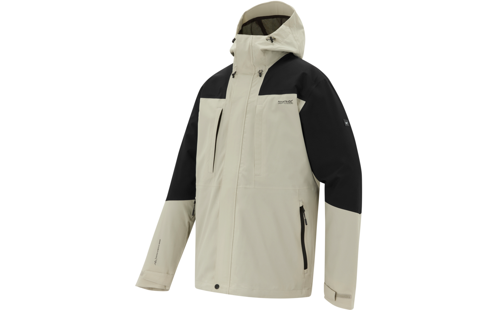 Zweifarbige Jacke (beige und schwarz) mit Kapuze, durchgehendem Reißverschluss, Brusttaschen, seitlichen Reißverschlusstaschen und sichtbarem Logodruck auf der Brust