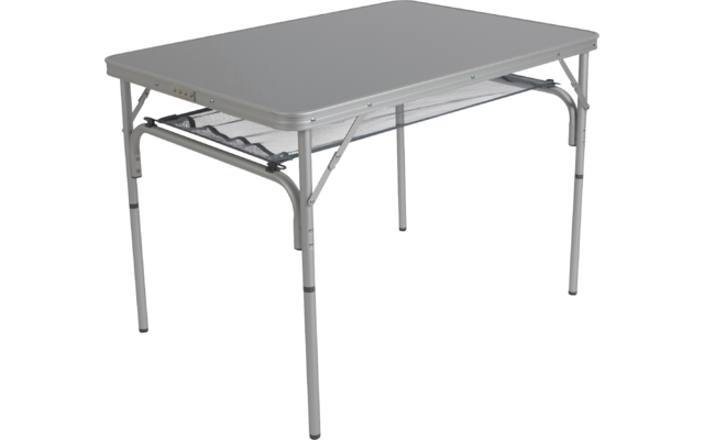 Ein quadratischer grauer Tisch aus Metall mit vier Beinen