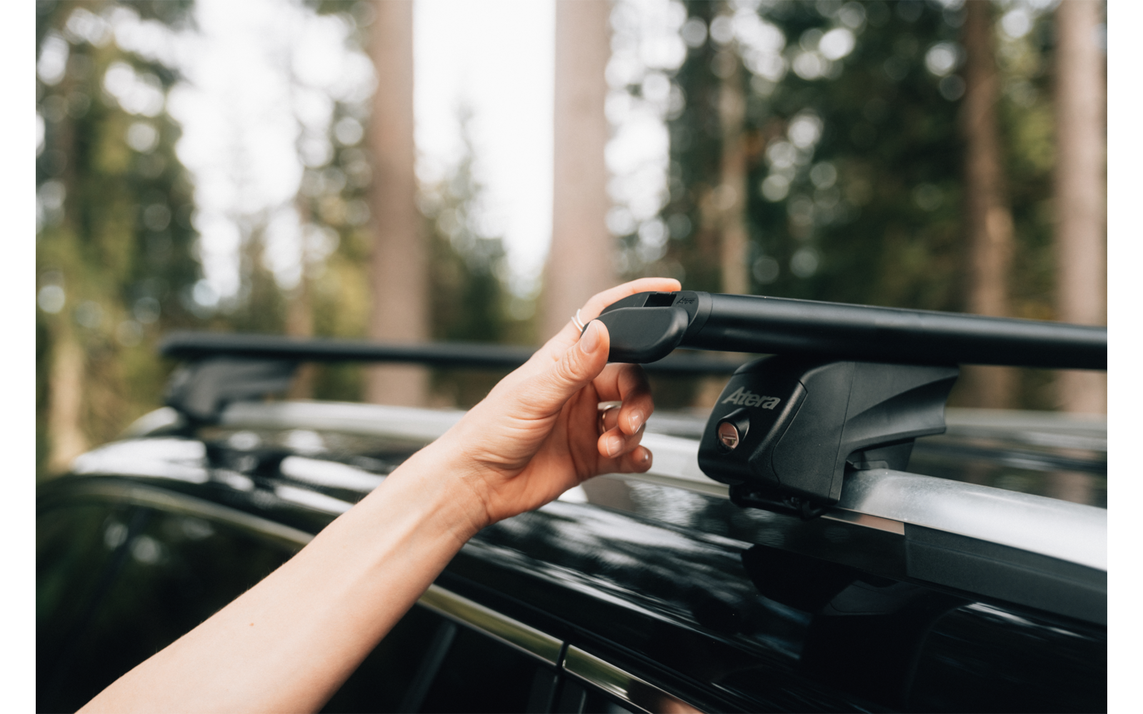 Hand am Dachträger eines schwarzen Autos; verschwommene Bäume im Hintergrund