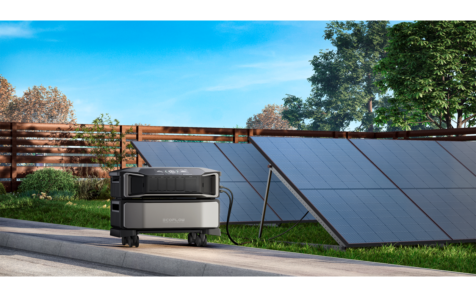 Solaranlage mit mehreren Modulen und einer Sitzbank im Vordergrund, umgeben von Gras und Bäumen
