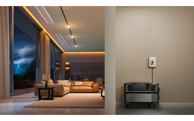 Modern eingerichtetes Wohnzimmer mit Sofa, Couchtisch und großen Fenstern mit Blick auf die Stadt bei Nacht