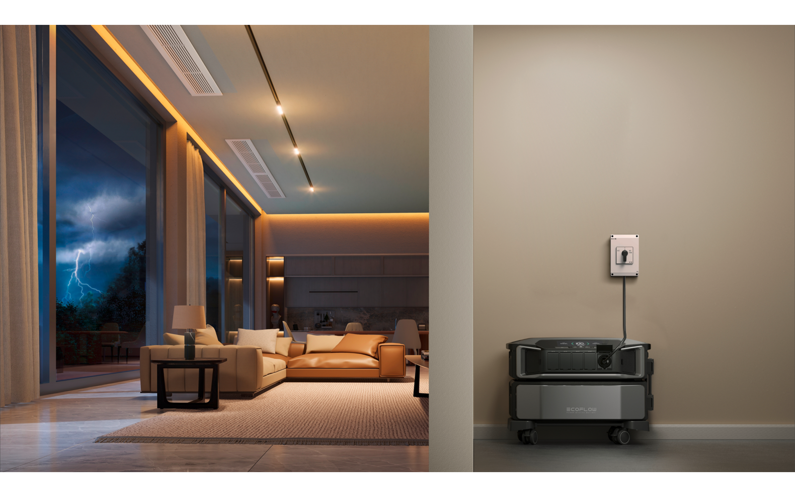 Modern eingerichtetes Wohnzimmer mit Sofa, Couchtisch und großen Fenstern mit Blick auf die Stadt bei Nacht