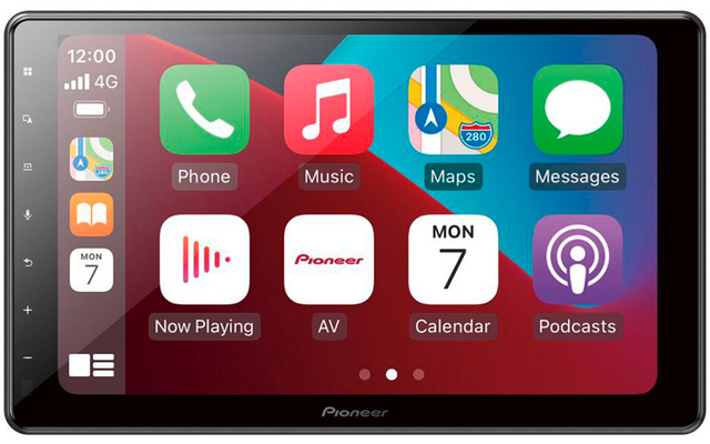 Pioneer touchscreen showing app icons 'Phone', 'Music', 'Maps', 'Messages', 'Now Playing', 'AV' with Pioneer logo, 'Calendar' reading 'MON 7' and 'Podcasts'; top shows '12:00' and '4G'; left vertical bar with white icons