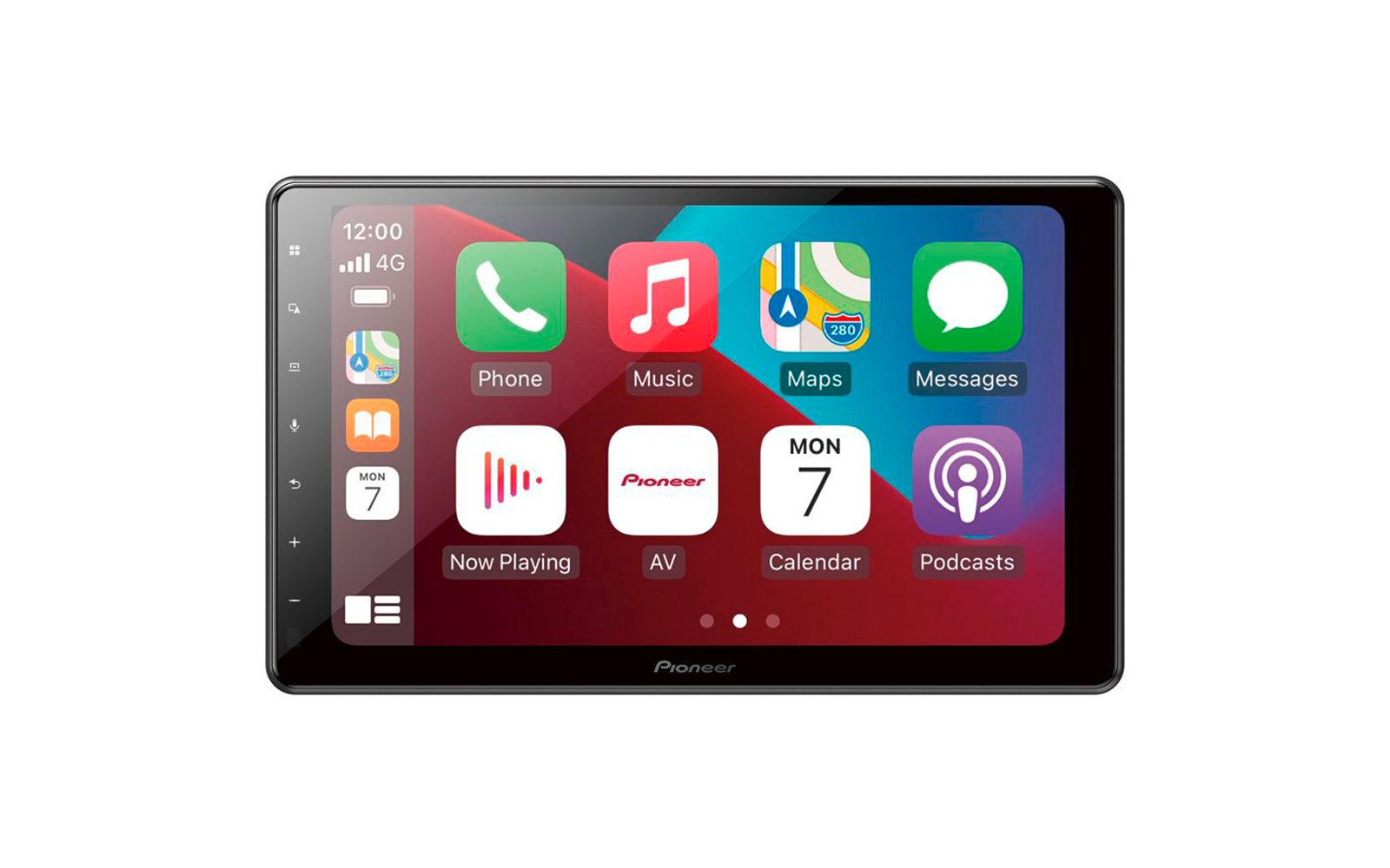 Pioneer touchscreen showing app icons 'Phone', 'Music', 'Maps', 'Messages', 'Now Playing', 'AV' with Pioneer logo, 'Calendar' reading 'MON 7' and 'Podcasts'; top shows '12:00' and '4G'; left vertical bar with white icons