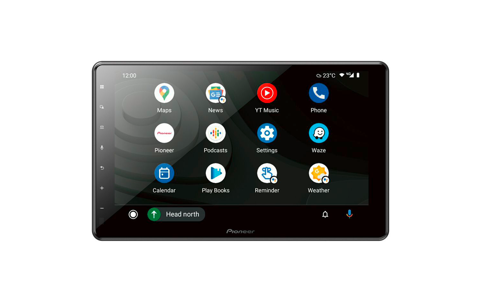 Touchscreen display with Pioneer logo showing app icons (Maps, News, YT Music, Phone, Pioneer, Podcasts, Settings, Waze, Calendar, Play Books, Reminder, Weather), status bar with time 12:00 and 23°C, bottom bar showing 'Head north'