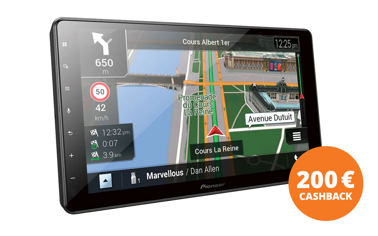 Touchscreen device showing map with river and bridge, street names 'Cours Albert 1er', 'Cours La Reine', 'Avenue Dutuit', speed limit sign 50, current speed 42 km/h, distance 650 m, time 12:25 pm, Pioneer logo