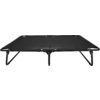 Opgeklapt opvouwbaar veldbed met zwarte stof op een zwart metalen frame en uitgeklapte poten