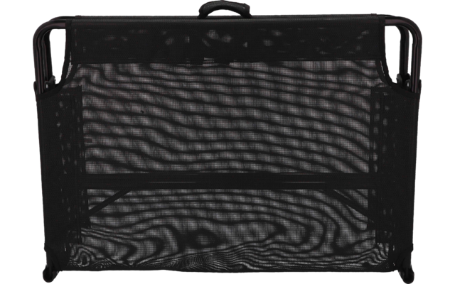 Zwart rechthoekig metalen frame met fijn gaas, twee handvatten boven, twee voetjes, horizontale middenbalk, golvende schaduwen op het gaas