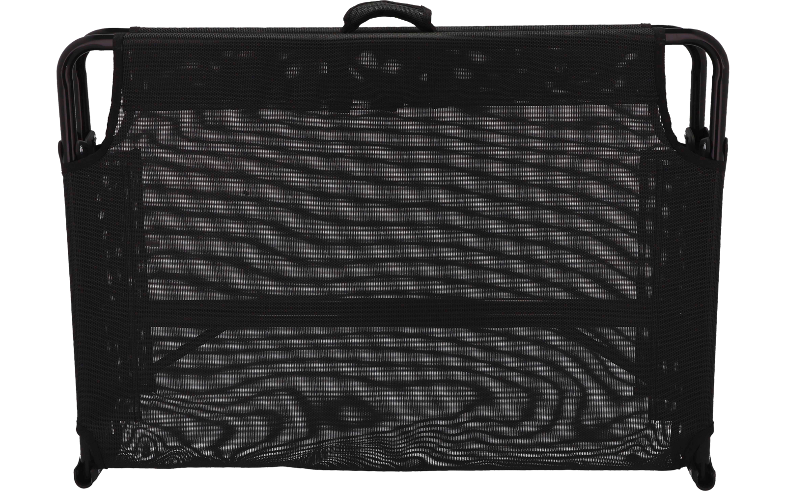 Zwart rechthoekig metalen frame met fijn gaas, twee handvatten boven, twee voetjes, horizontale middenbalk, golvende schaduwen op het gaas