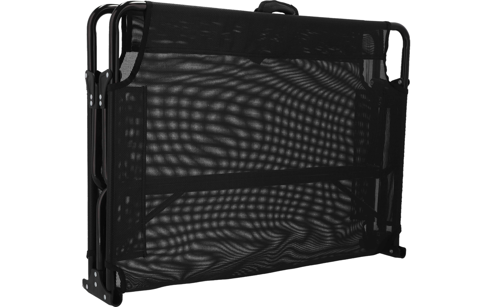 Opgevouwen zwart metalen frame met zwart gaas en gebogen buizen aan de zijkanten