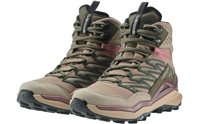 Paar Outdoor-Wanderschuhe in Beige mit dunkelgrünen und rosa Akzenten