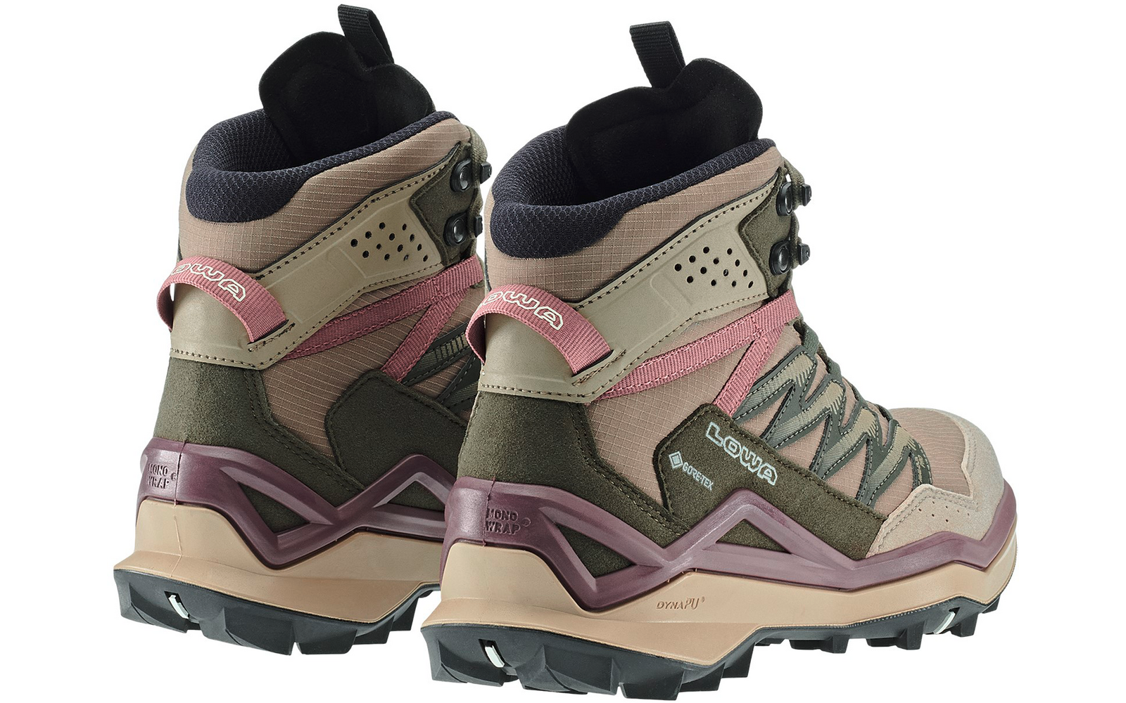 Beige und rosa Wanderschuhe mit schwarzen Schnürsenkeln, seitliche Ansicht