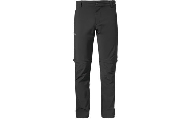 Schwarze lange Hose mit Reißverschlüssen oberhalb der Knie, Bund mit Knopf und Gürtelschlaufen, sichtbare Nähte