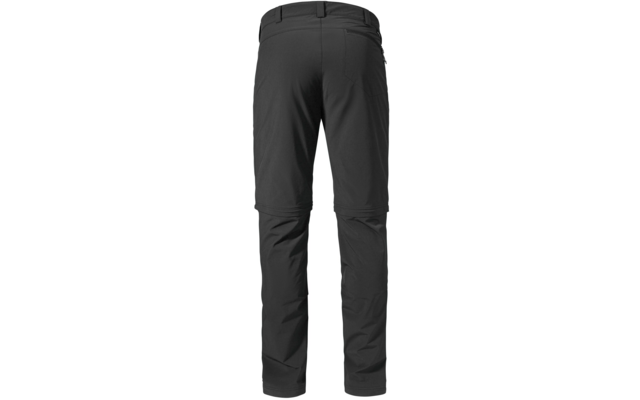 Dunkelgraue lange Hose von hinten, mit Bund, Gürtelschlaufen und einer sichtbaren Gesäßtasche