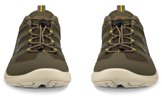 Dos zapatos marrón verdoso vistos de frente, suelas claras, detalles amarillos en los cordones, 'ecco' en la lengüeta