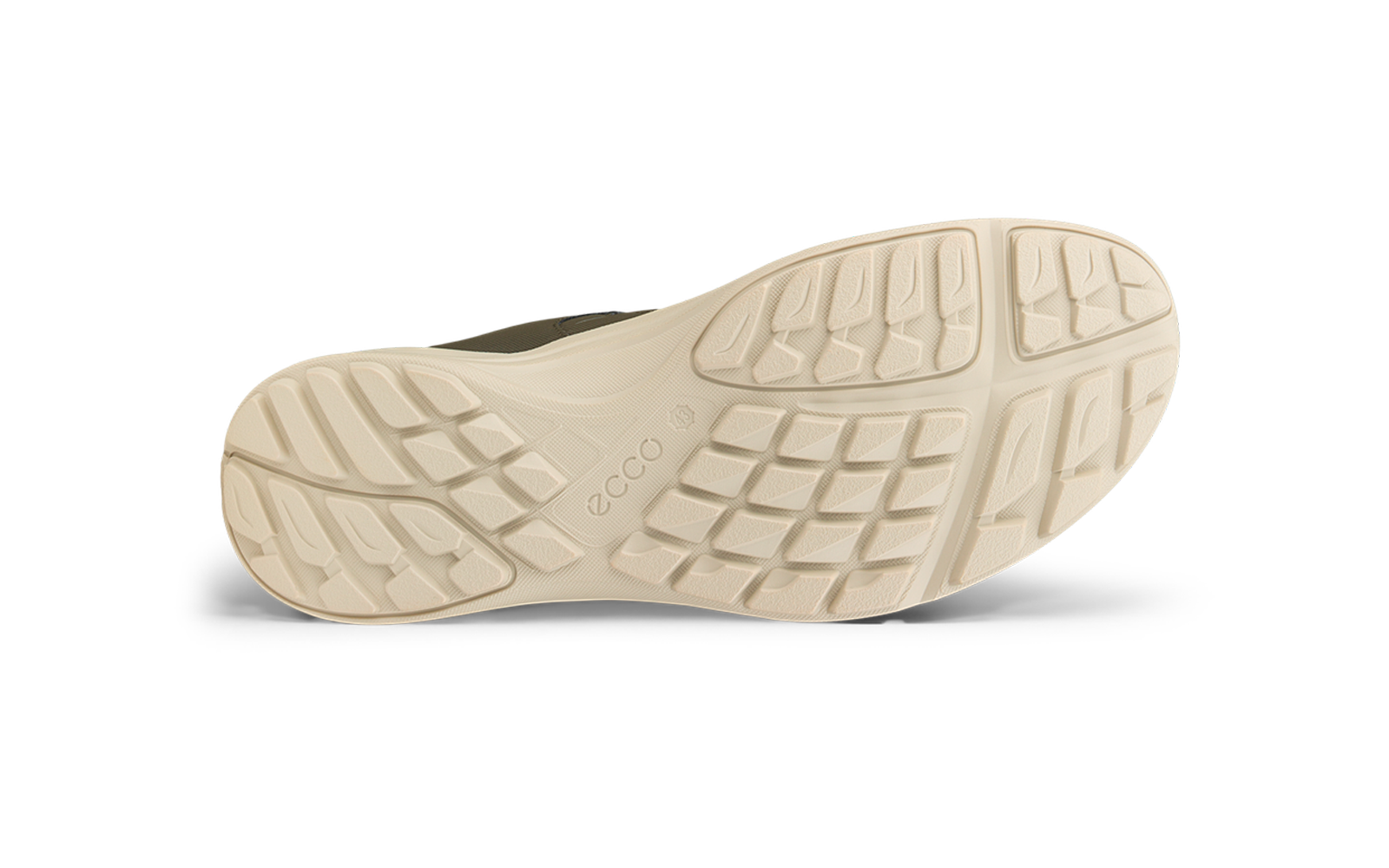 Suela de zapato beige con dibujo de la suela y texto en relieve 'ecco'