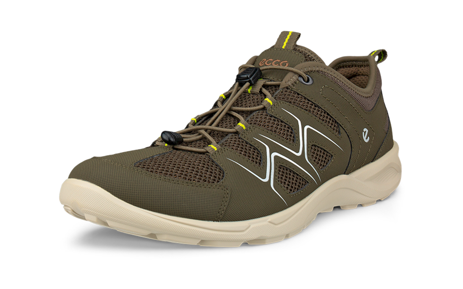 Zapatilla baja verde oliva con empeine de malla, suela de goma clara, cierre de cordón con tope y detalles amarillos