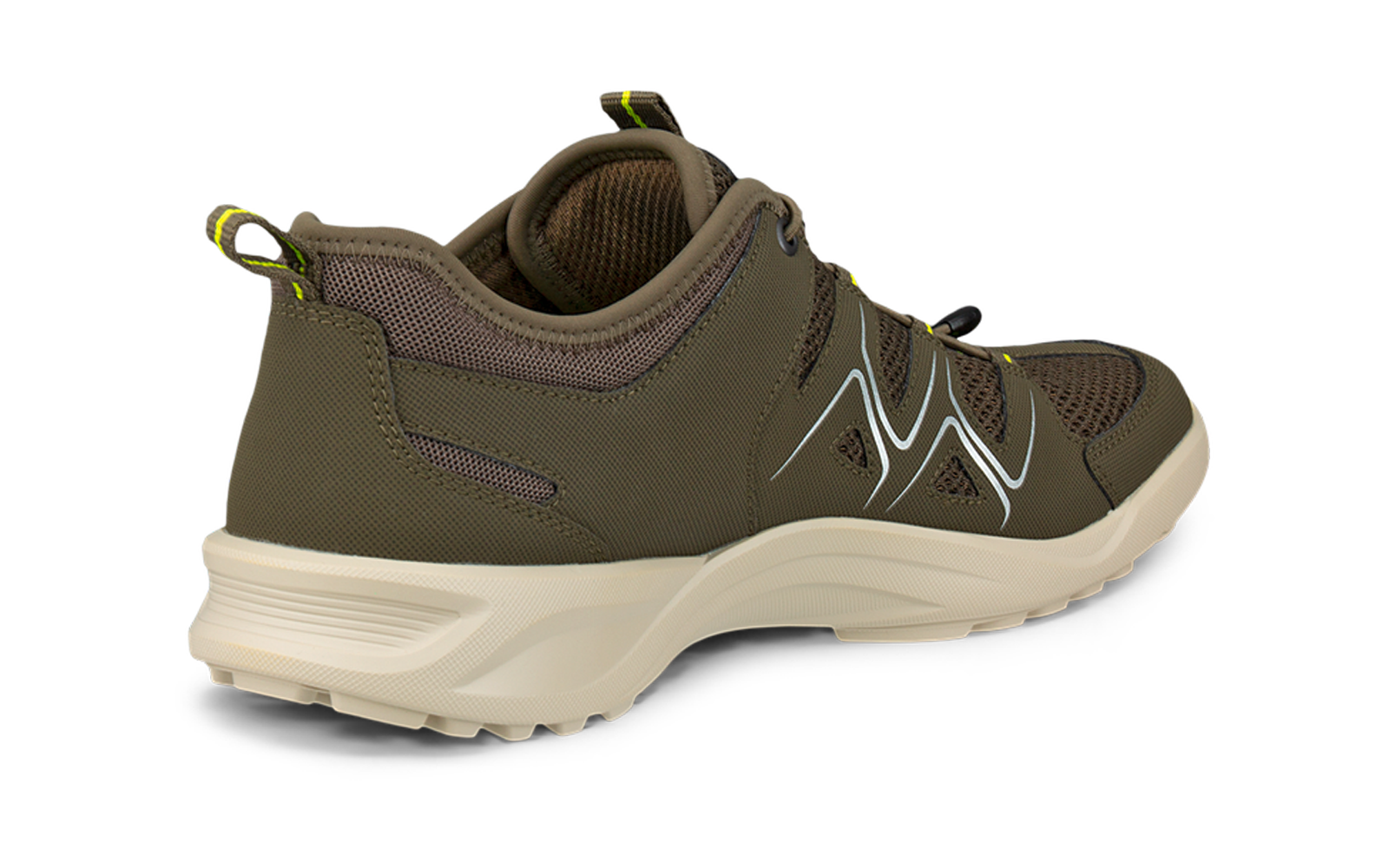 Zapatilla verde oliva, vista lateral desde atrás a la derecha, suela beige claro, empeine de malla y tejido, cordones, fondo blanco