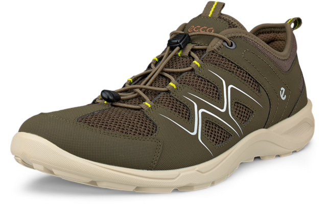 Zapatilla baja verde oliva con empeine de malla, suela de goma clara, cierre de cordón con tope y detalles amarillos