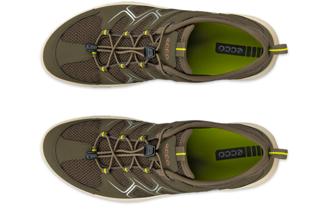 Dos zapatos marrón-verde vistos desde arriba, dispuestos verticalmente; cordones visibles, empeine de malla, plantilla verde-amarilla con la palabra 'ecco'