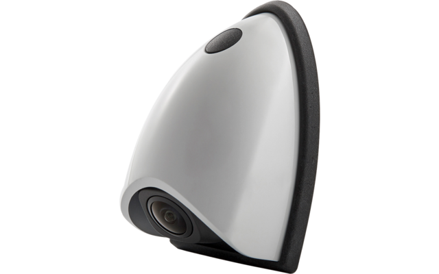 Abgerundetes weißes Kameragehäuse mit schwarzem Rand und rundem Objektiv sichtbar