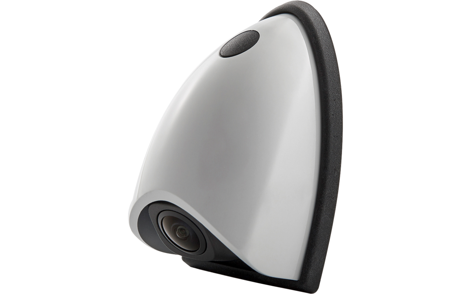 Abgerundetes weißes Kameragehäuse mit schwarzem Rand und rundem Objektiv sichtbar