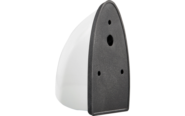 Weißes, abgerundetes Gehäuse mit schwarzer, dreieckiger Frontplatte und vier runden Öffnungen