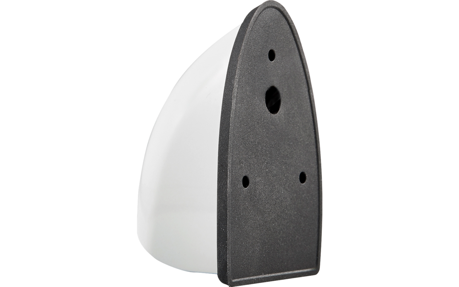 Weißes, abgerundetes Gehäuse mit schwarzer, dreieckiger Frontplatte und vier runden Öffnungen
