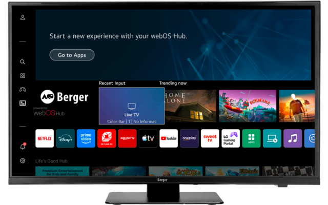 Flacher Fernseher auf Standfuß zeigt Smart‑TV-Startbildschirm; oben weißer Text ‚Start a new experience with your webOS Hub‘ und Button ‚Go to Apps‘; links vertikales Menü; mittig Reihen mit App‑Kacheln (u. a. Netflix, Disney+, Prime Video, Apple TV,