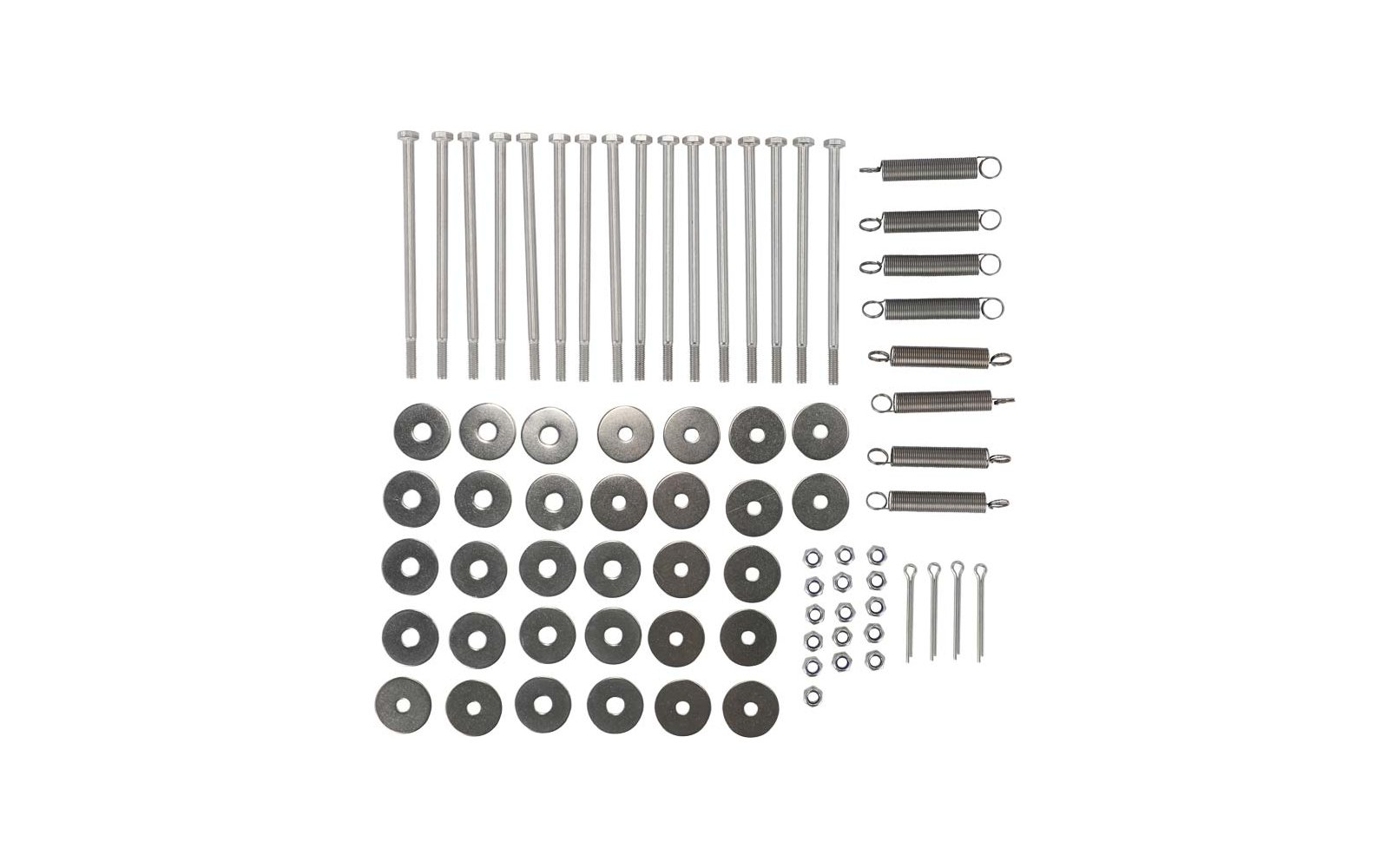 Verschillende schroeven, veren, ringen en moeren gerangschikt op een witte achtergrond