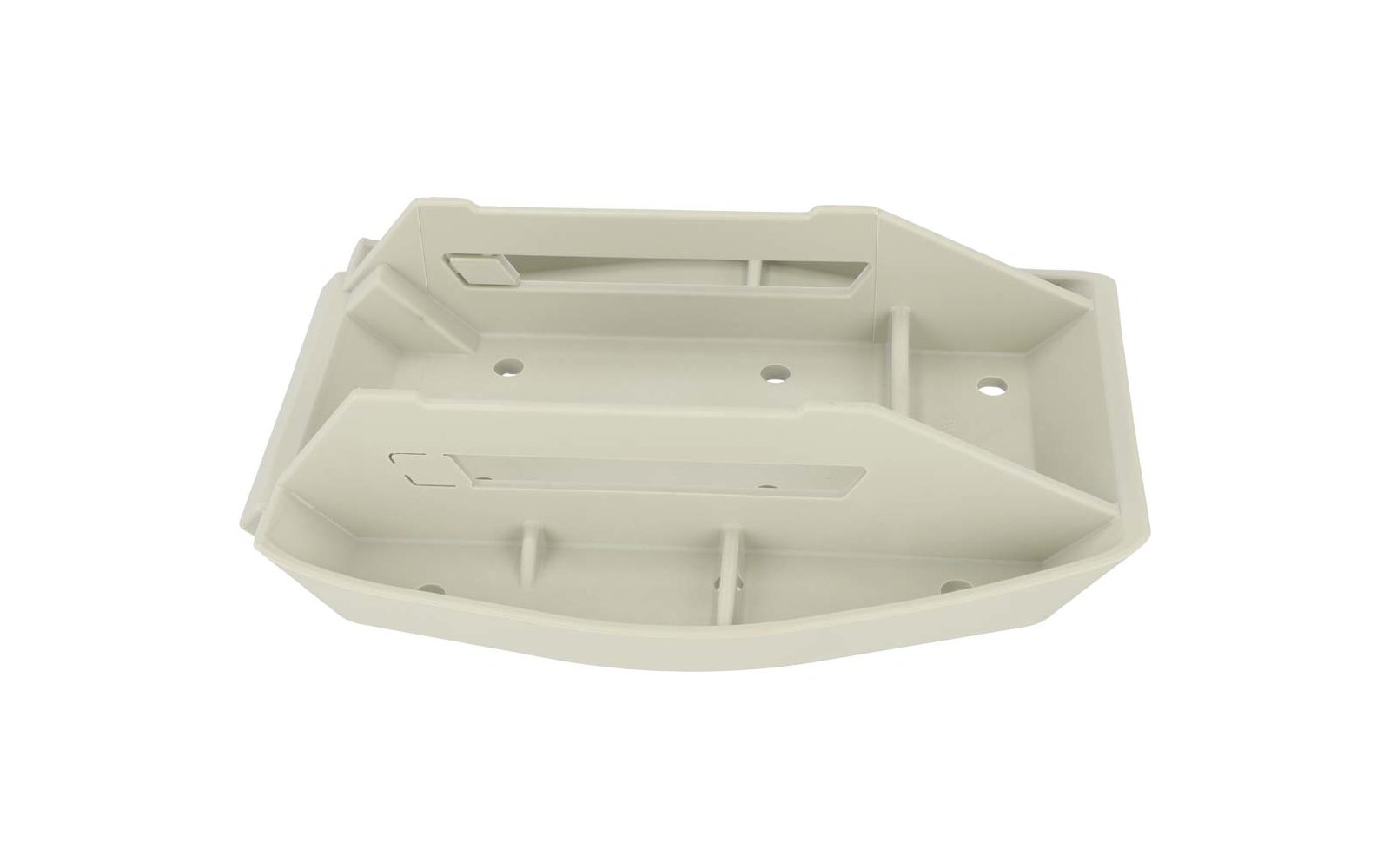 Witte kunststof behuizing met meerdere compartimenten en openingen, op een witte achtergrond